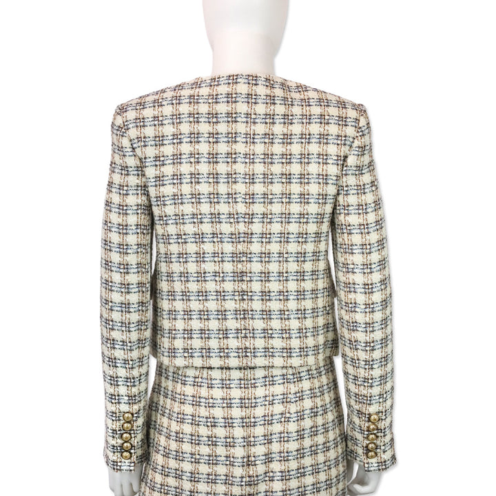 Veronica Beard Ivory/Camel Bentley Check Tweed Cropped Jacket