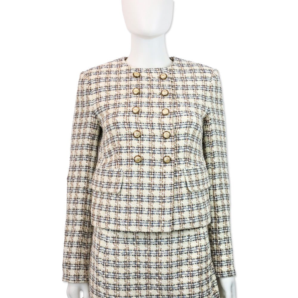 Veronica Beard Ivory/Camel Bentley Check Tweed Cropped Jacket