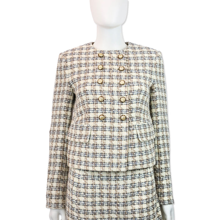 Veronica Beard Ivory/Camel Bentley Check Tweed Cropped Jacket