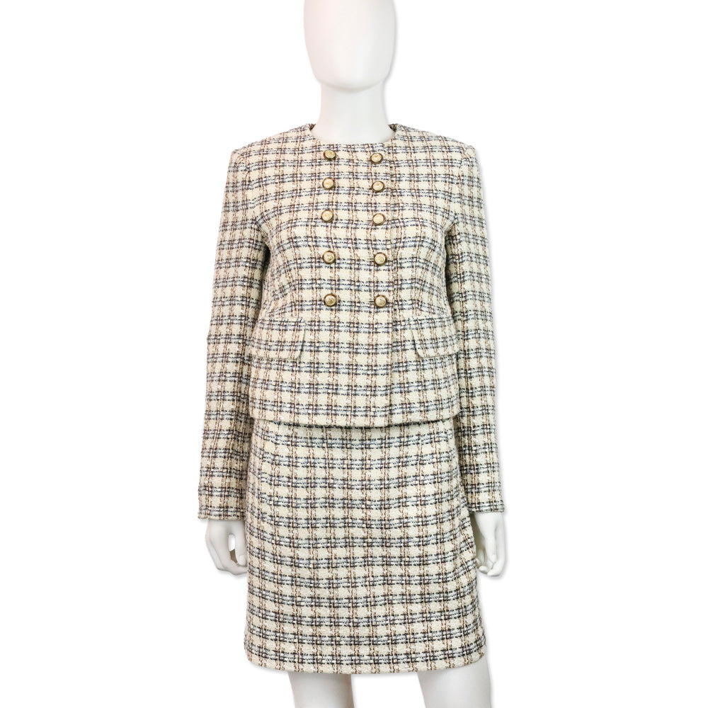 Veronica Beard Ivory/Camel Bentley Check Tweed Cropped Jacket