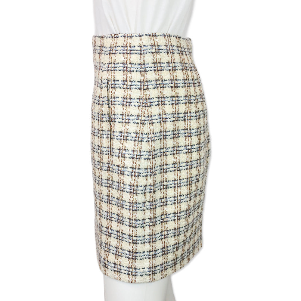 Veronica Beard Ivory/Camel Bentley Check Tweed Midi Skirt