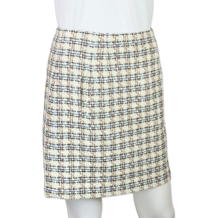 Veronica Beard Ivory/Camel Bentley Check Tweed Midi Skirt