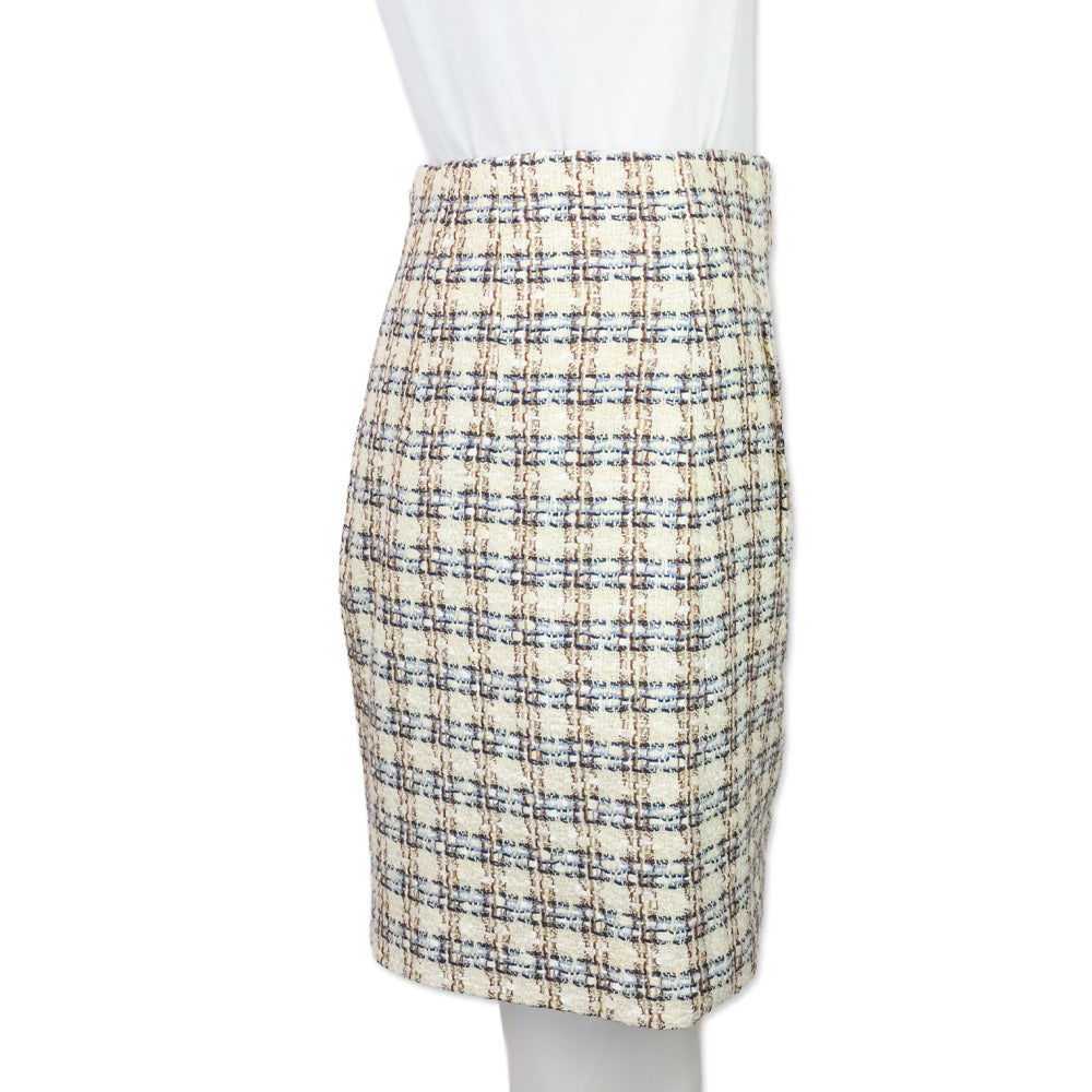 Veronica Beard Ivory/Camel Bentley Check Tweed Midi Skirt