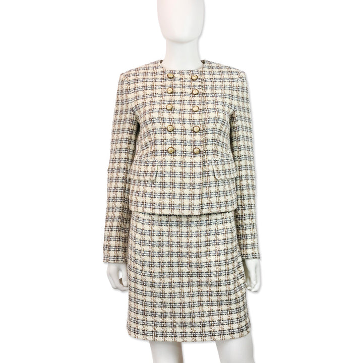 Veronica Beard Ivory/Camel Bentley Check Tweed Midi Skirt