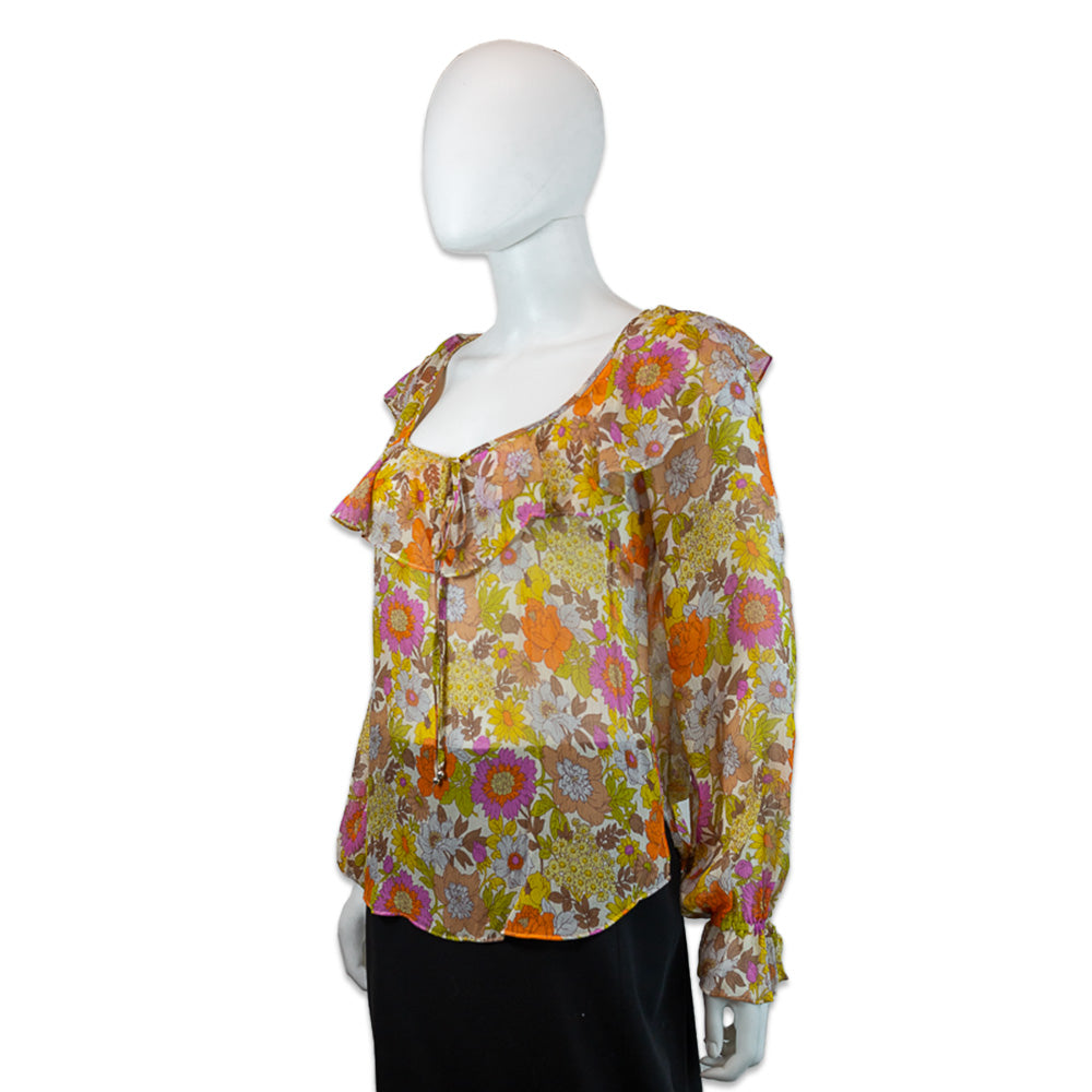 Veronica Beard Yellow Multi Floral Print Silk Long Sleeve V-Neck Ruffle Collar Blouse