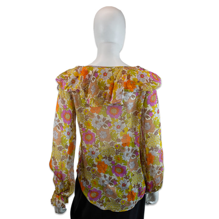 Veronica Beard Yellow Multi Floral Print Silk Long Sleeve V-Neck Ruffle Collar Blouse