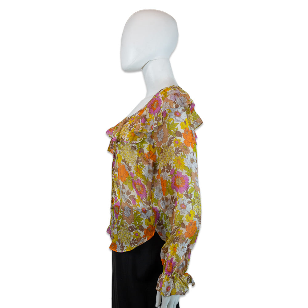 Veronica Beard Yellow Multi Floral Print Silk Long Sleeve V-Neck Ruffle Collar Blouse