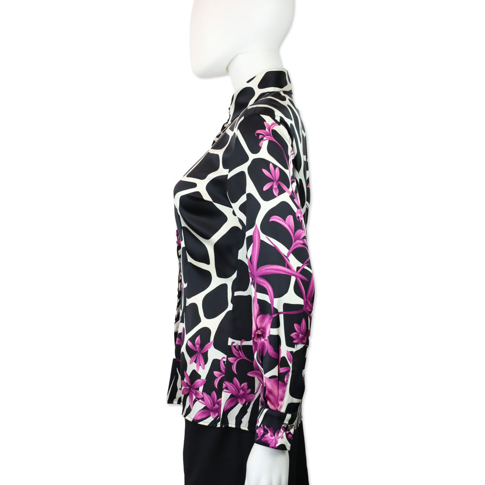 Versace Black Animal & Purple Floral Print Silk Button Up Blouse