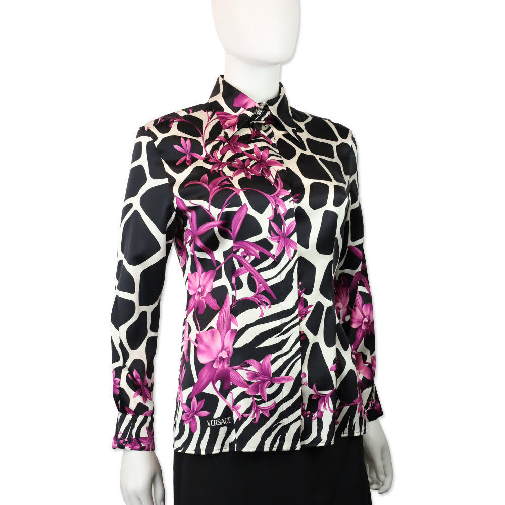 Versace Black Animal & Purple Floral Print Silk Button Up Blouse