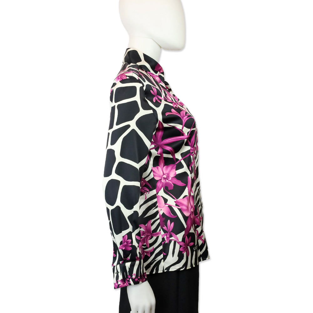 Versace Black Animal & Purple Floral Print Silk Button Up Blouse
