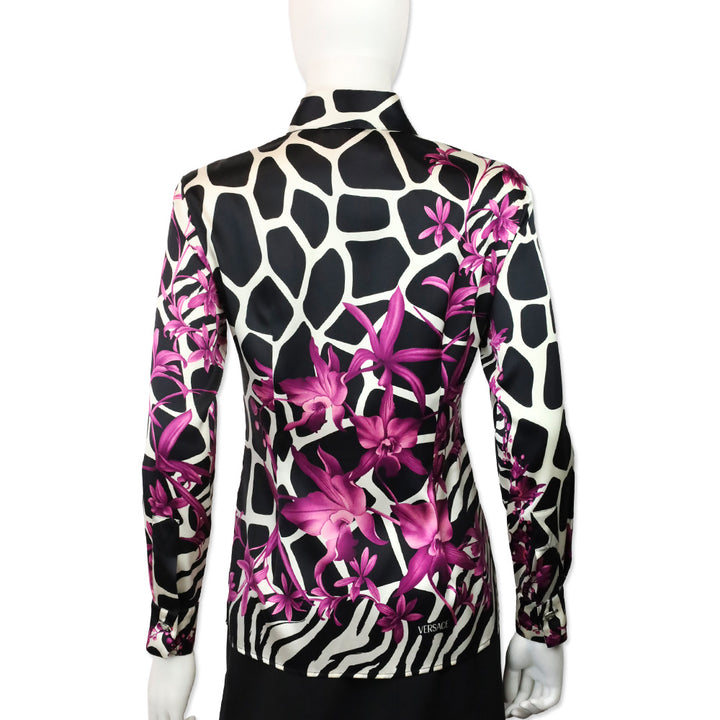 Versace Black Animal & Purple Floral Print Silk Button Up Blouse