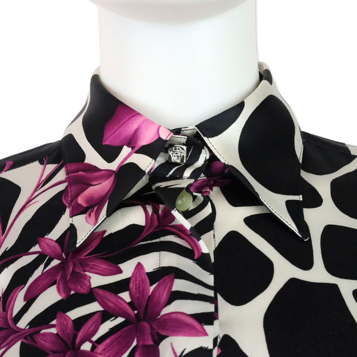 Versace Black Animal & Purple Floral Print Silk Button Up Blouse