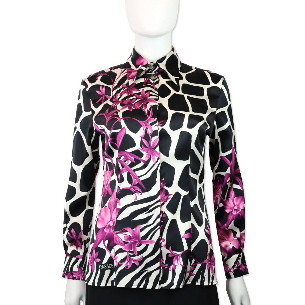 Versace Black Animal & Purple Floral Print Silk Button Up Blouse