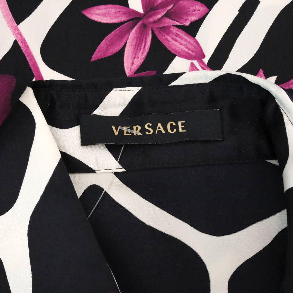 Versace Black Animal & Purple Floral Print Silk Button Up Blouse