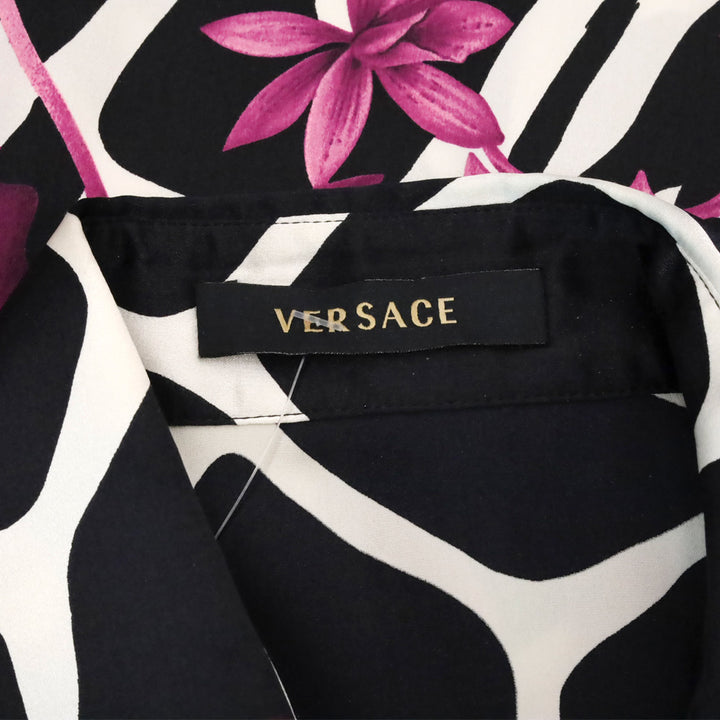 Versace Black Animal & Purple Floral Print Silk Button Up Blouse