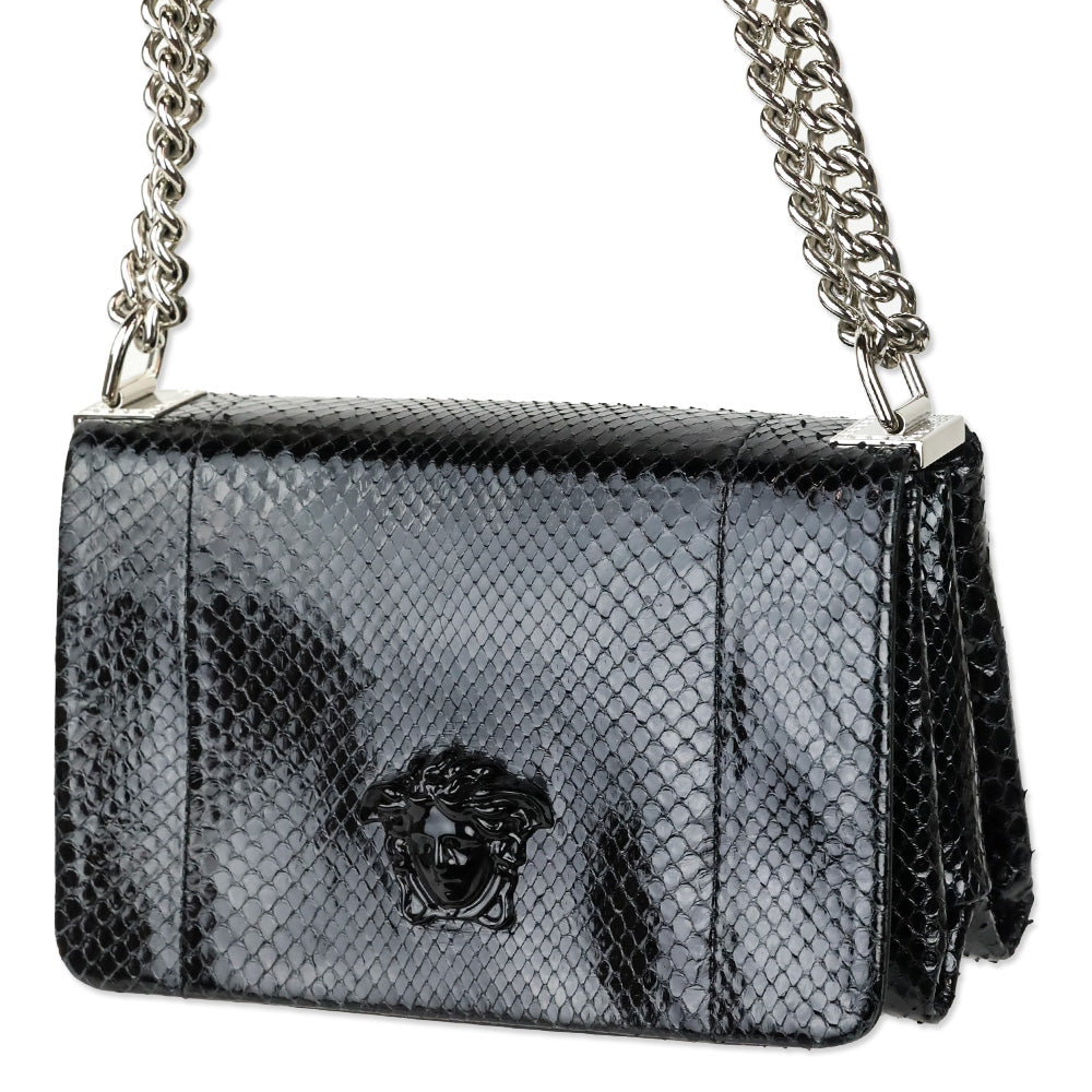 Versace Black Patent Python Leather Palazzo Clutch with Chain