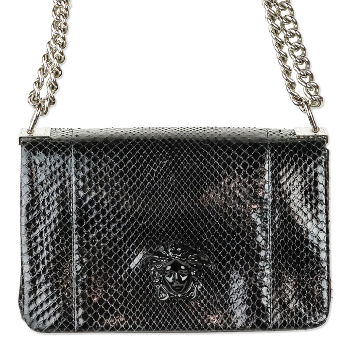 Versace Black Patent Python Leather Palazzo Clutch with Chain