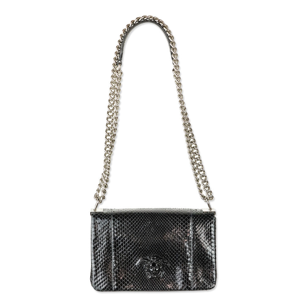 Versace Black Patent Python Leather Palazzo Clutch with Chain