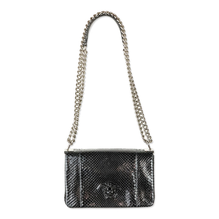 Versace Black Patent Python Leather Palazzo Clutch with Chain