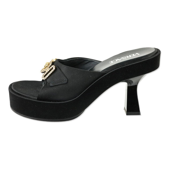 Versace Black Satin Crystal Medusa Biggie Heeled Mules