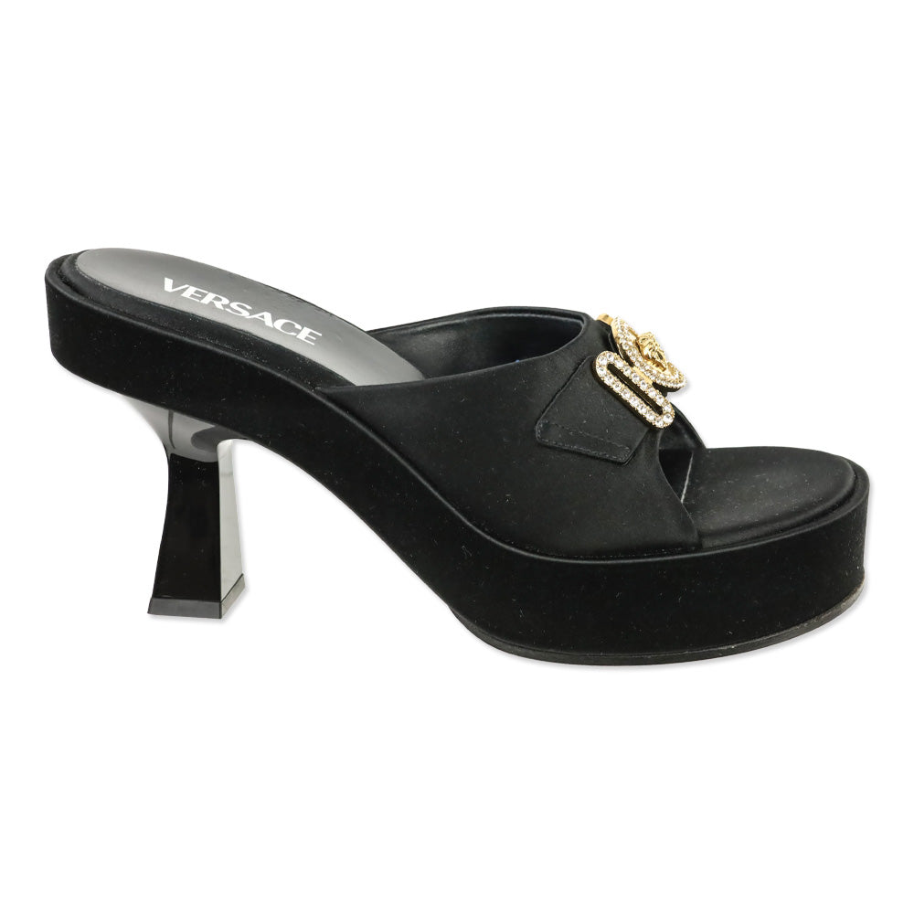 Versace Black Satin Crystal Medusa Biggie Heeled Mules