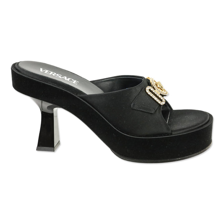 Versace Black Satin Crystal Medusa Biggie Heeled Mules
