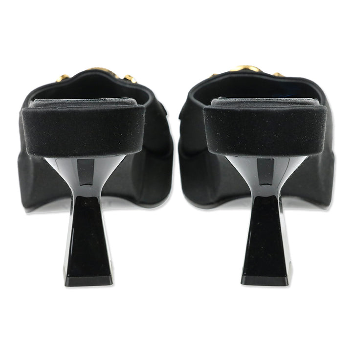 Versace Black Satin Crystal Medusa Biggie Heeled Mules