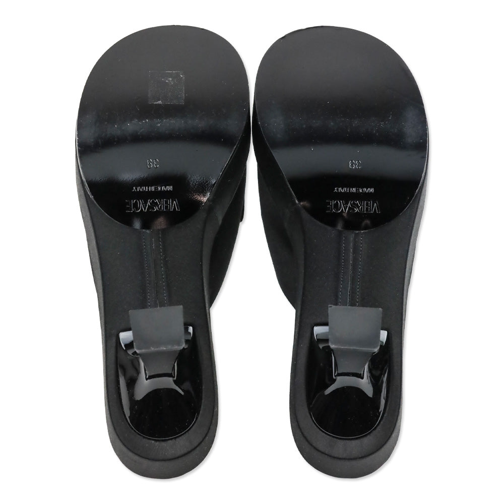 Versace Black Satin Crystal Medusa Biggie Heeled Mules