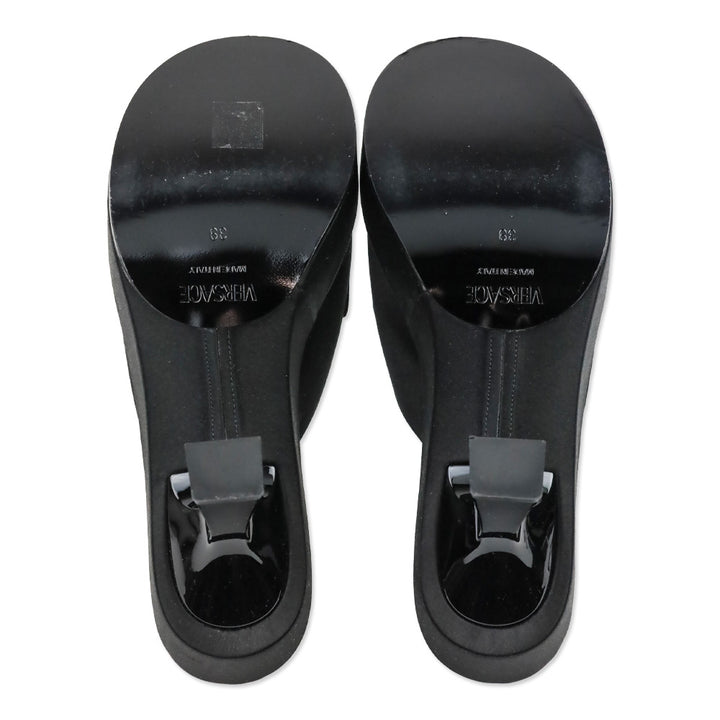 Versace Black Satin Crystal Medusa Biggie Heeled Mules