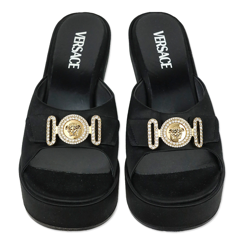 Versace Black Satin Crystal Medusa Biggie Heeled Mules