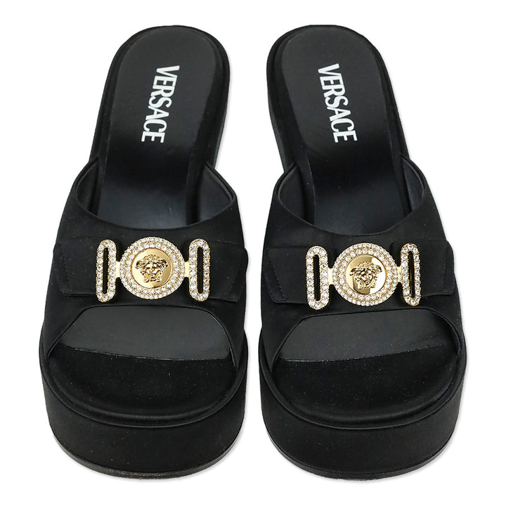 Versace Black Satin Crystal Medusa Biggie Heeled Mules