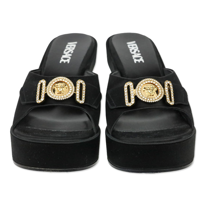 Versace Black Satin Crystal Medusa Biggie Heeled Mules