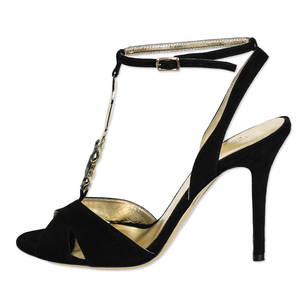 Versace Black Suede Gold Jewel T-Strap Accent Sandal