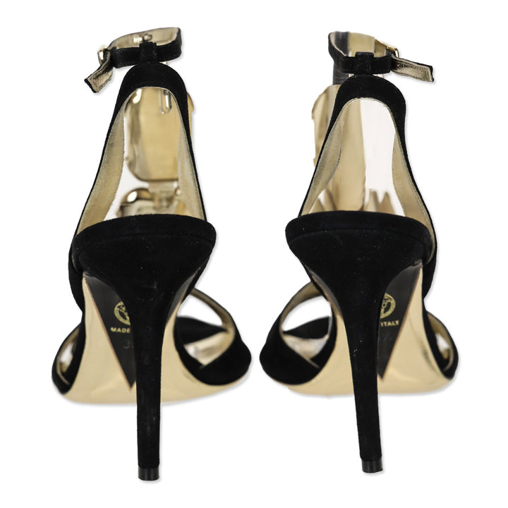 Versace Black Suede Gold Jewel T-Strap Accent Sandal