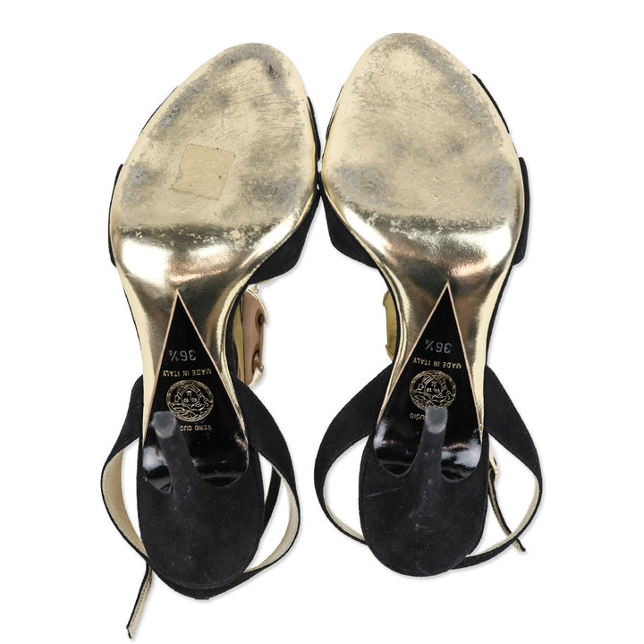 Versace Black Suede Gold Jewel T-Strap Accent Sandal