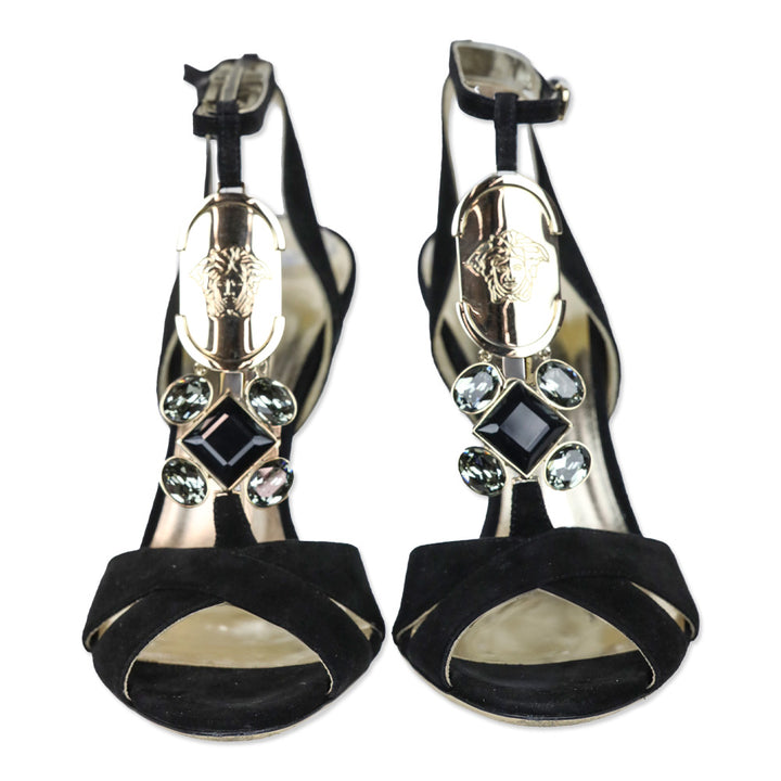 Versace Black Suede Gold Jewel T-Strap Accent Sandal