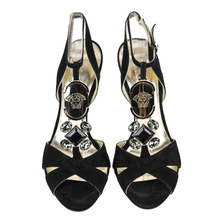 Versace Black Suede Gold Jewel T-Strap Accent Sandal