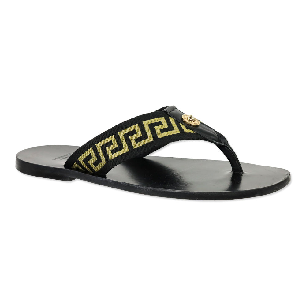 Versace Black/Gold Greca Strap Flip Flop Thong Sandal