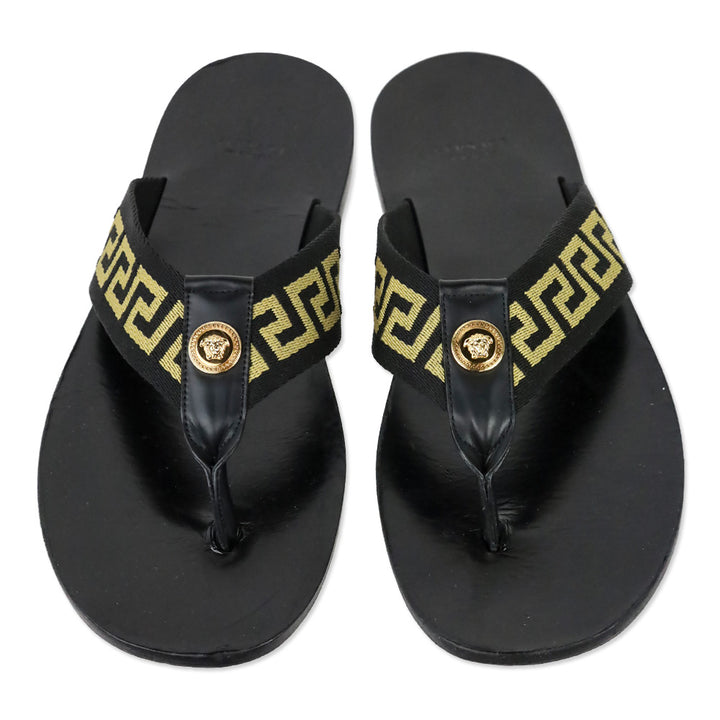 Versace Black/Gold Greca Strap Flip Flop Thong Sandal