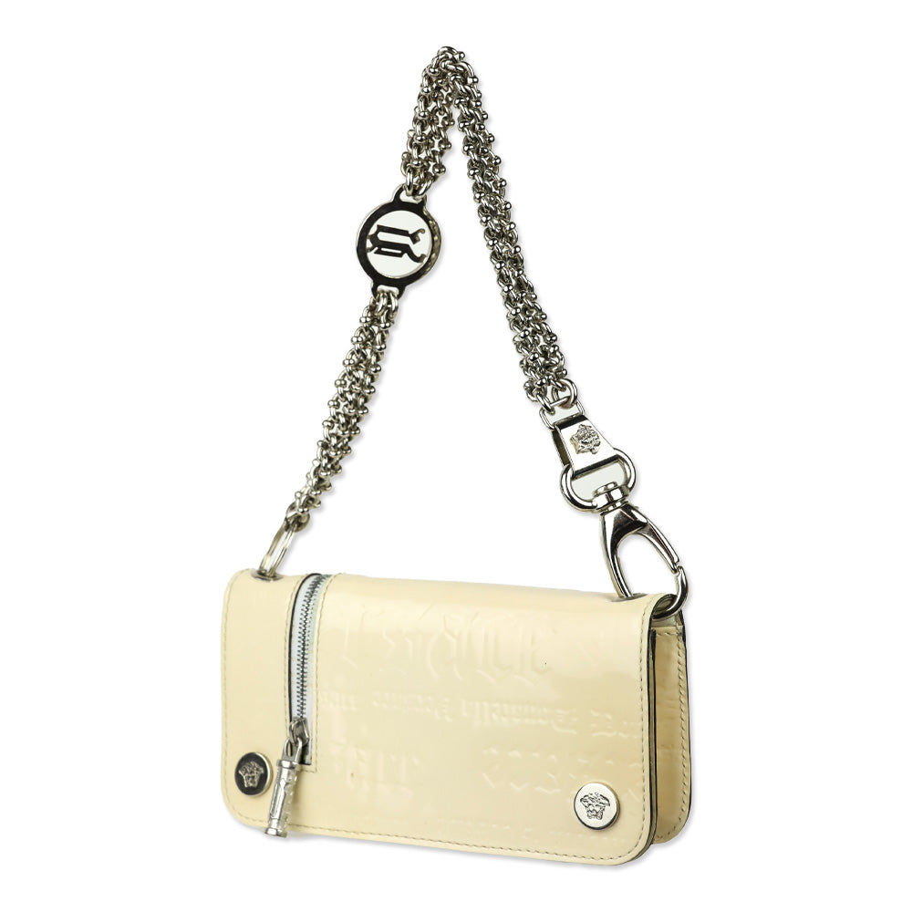 Versace Cream Monogram Embossed Patent Leather Wallet with Chain