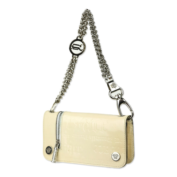 Versace Cream Monogram Embossed Patent Leather Wallet with Chain