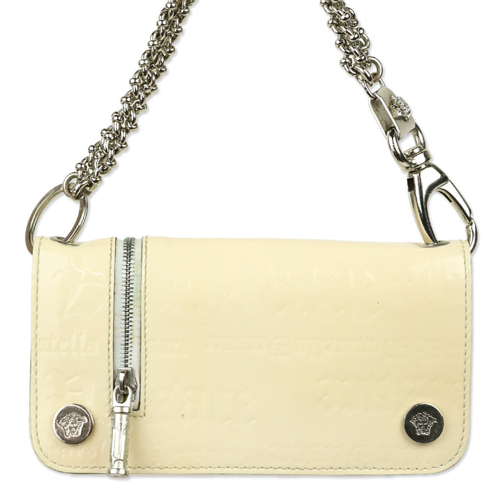 Versace Cream Monogram Embossed Patent Leather Wallet with Chain
