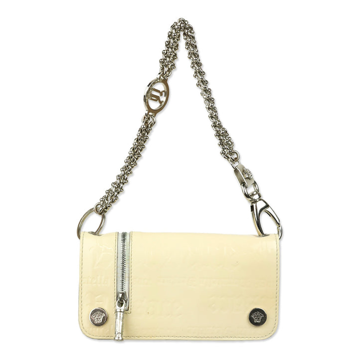 Versace Cream Monogram Embossed Patent Leather Wallet with Chain