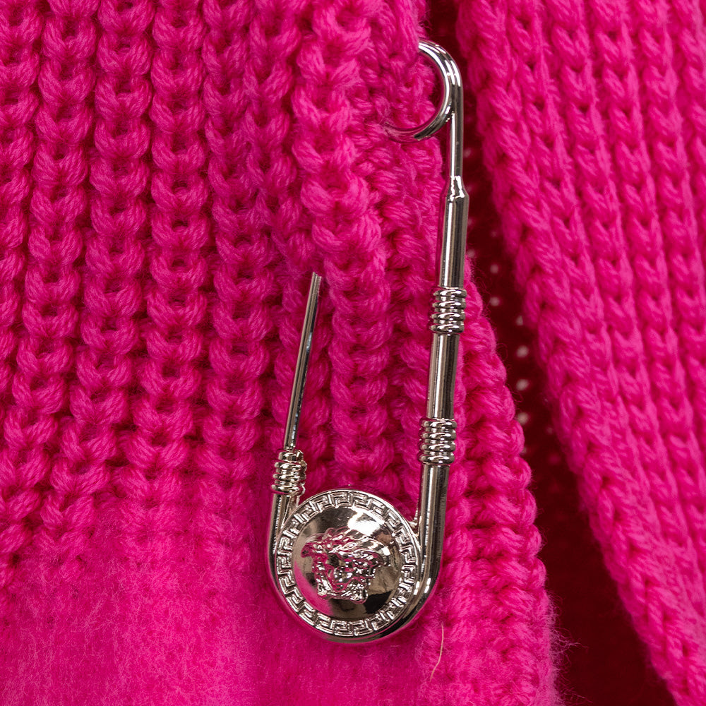 Versace Hot Pink Ribbed Knit Wool Medusa Silver Pin Scarf