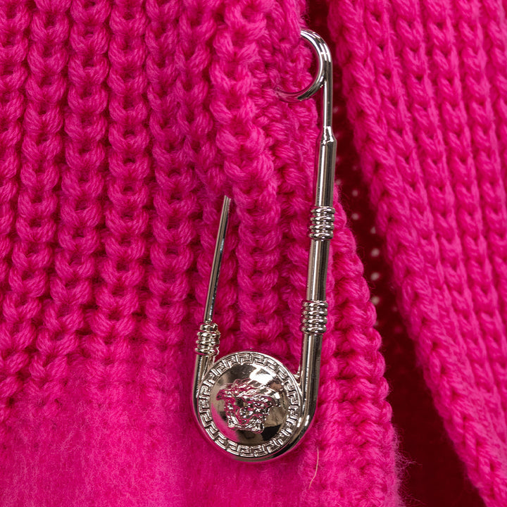 Versace Hot Pink Ribbed Knit Wool Medusa Silver Pin Scarf