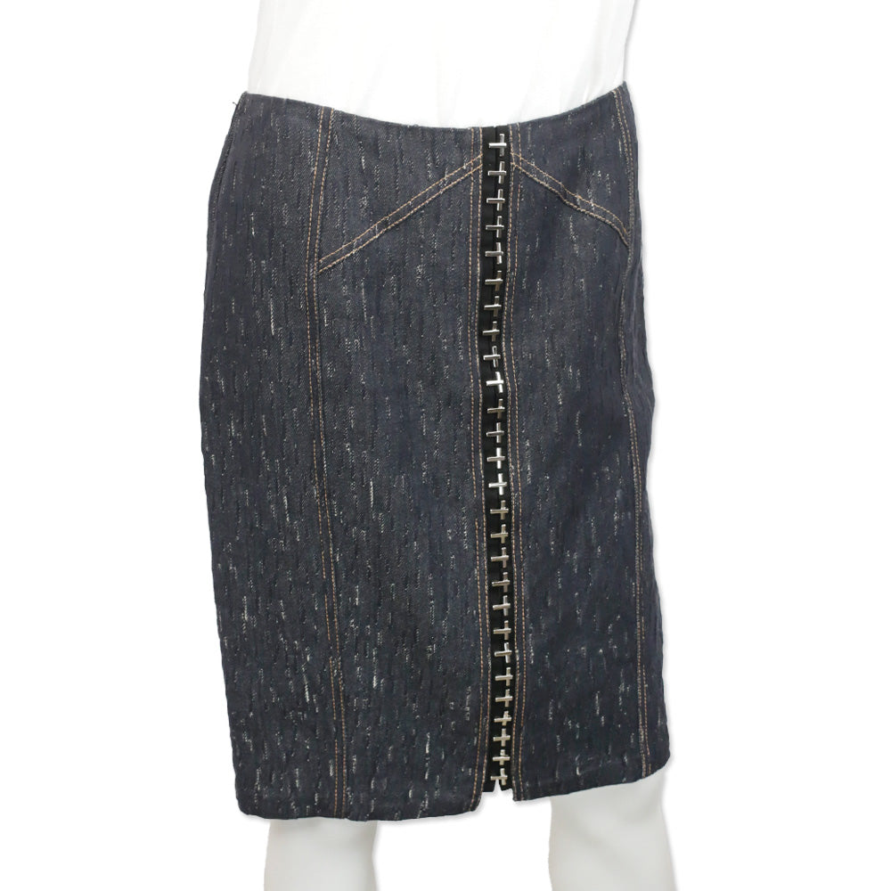 Versace Indigo Textured Denim Hook Detail Pencil Skirt