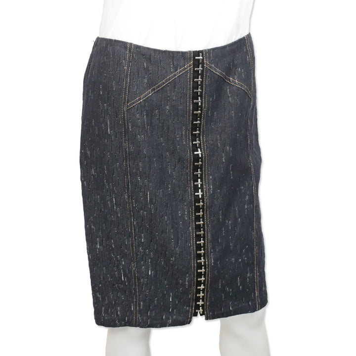 Versace Indigo Textured Denim Hook Detail Pencil Skirt