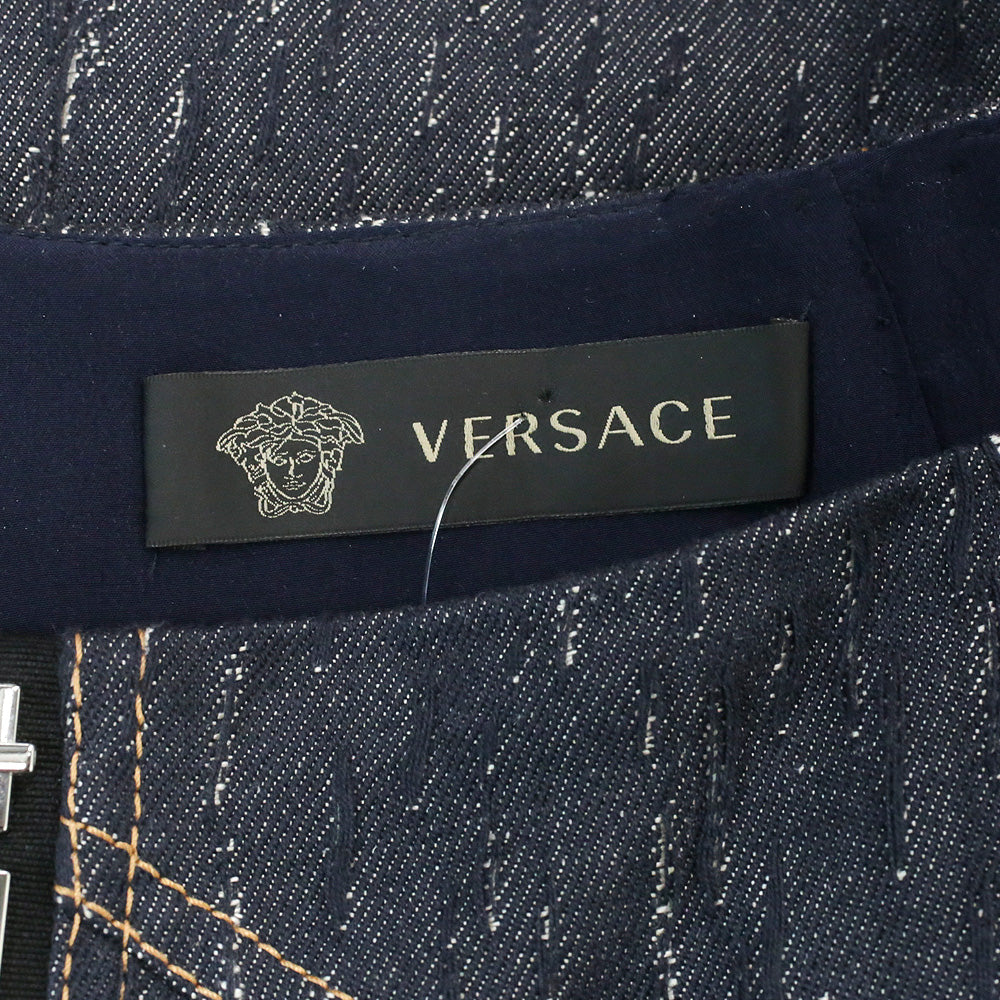 Versace Indigo Textured Denim Hook Detail Pencil Skirt