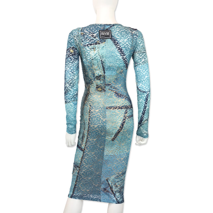 Versace Jeans Couture Bonnie Light Blue Patchwork Denim Printed Laced Midi Dress
