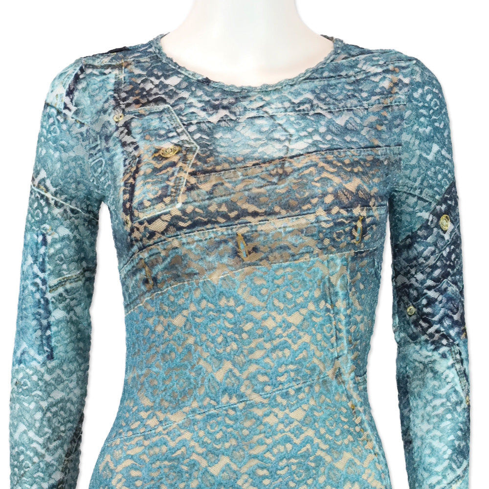 Versace Jeans Couture Bonnie Light Blue Patchwork Denim Printed Laced Midi Dress